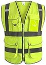 XIAKE Class 2 Reflective Safety Vest with 9 Pockets and Zipper Front High Visibility Safety Vests,ANSI/ISEA Standards(Large,Yellow)