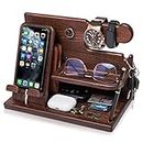 TESLYAR Gifts for Men Wood Phone Docking Station Fathers Gift Nightstand Desk Organizer Gifts for Dad or for Him Birthday Anniversary Xmas Gifts Gift Ideas Key Holder Wallet Stand (Brown)