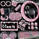 NBTEPEM 27 PCs Pink Bling Car Accessories Set for Women, Bling Steering Wheel Covers Universal Fit 15 Inch, Bling License Plate Frame, Bling Phone Holder, Bling Car Coasters (Pink Diamond)
