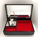 DS. Asian Jewelry Music Box Floral Black Lacquer w/Spinning Ballerina on Mirror