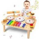 oathx Kinder Trommel Schlagzeug Set ab 1 Jahr,Kinderspielzeug Baby Musikspielzeug Musikinstrumente mit Xylophon,Holz Montessori Spielzeug Kindertrommel musikspielzeug für Kleinkinder Jungen Mädchen