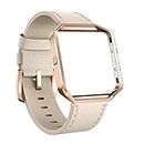 Nerlero Sport Bands Compatible with Fitbit Blaze Smart Watch, Genuine Leather Replacement Band Strap Metal Frame for Women Men Small & Large, Beige / Rose Gold frame, Small: 5''-7.1'' (L03)