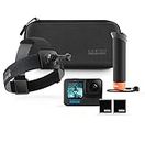 (Refurbished) GoPro Hero12 Black Bundle Pack - Includes 2 Enduro Batteries, The Handler (Floating Hand Grip), Head Strap 2.0, Curved Adhesive Mount, Mounting Buckle + Thumb Screw, USB-C Cable, Carrying Case