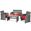 DORTALA 4 Piece Patio Furniture Set, Outdoor Wicker Conversation Set with Soft Cushions & Tempered Glass Coffee Table, Rattan Patio Sofa Bistro Sets for Courtyard Balcony, Red
