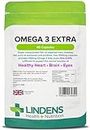 Lindens Omega 3 Extra Fish Oil 1000mg Capsules - 90 Pack - 1100mg Omega 3 Fatty Acids Dha & Epa Per 3 Capsules and Supports Normal Function of Healthy Heart, Brain & Eyes - UK Manufacturer, Letterbox Friendly