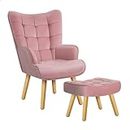 ALFORDSON Velvet Armchair with Footstool Ottoman, High Back Leisure Occasional Accent Nursing Chair Solid Wooden Legs, Lounge Sofa for Reading Dressing Bedroom Living Room, Max 180kg, Bozena Pink