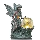 TERESA'S COLLECTIONS Large Fairy Garden Statue and Sculpture with Solar Powered Lights, Garden Angel Figurines with Crackle Glass Globe, Garden Art for Outdoor Lawn Yard Decorations, 11.8 inch Tall