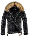 Omoone Men's Faux Fur Collar Sherpa Fleece Lined Distressed Denim Trucker Jacket, Black, Large