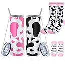 4 Pcs Cow Themed Gifts Sets, 2 Pcs 20 oz Cute Cow Print Tumbler with Lids and Straws Insulated Iced Coffee Cup and 2 Pairs Novelty Cow Socks for Girl Women Mom, Pink and Black
