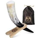 OLDEMPEROR Viking Drinking Horn- with Vegvisir Engraved in Wooden Stand| Viking Gift for Men and Women| Unique & Hand Crafted| Food Safe| Natural Shine Finish(Wooden Stand)