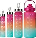 PaThu Motivational Water Bottles 4 PCS Multiple Capacities 64/28/14/9 oz, Adults Kids Water Bottle withStraw, Water Bottle with Time Marker, Half Gallon Waterbottle for Gym (Rose Red Gradient)