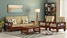 Home furniture Wooden Sofa Set for Living Room and Office 5 Seater Natural Teak Finish,Cream Color Cushion