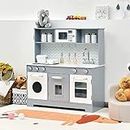 HONEY JOY Kids Wooden Pretend Play Kitchen Set with Lights & Sounds, Cookware, Microwave, Water Dispenser - Gift for Boys & Girls 3+