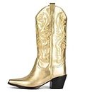 Erocalli Women's Cowgirl Boots Cowboy Boots Vintage Pointed Toe Chunky High Heel Pull On Western Boots Embroidery Mid Calf Boots, 1 Metal Gold, 8.5