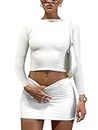 LAGSHIAN Women Sexy 2 Piece Outfits Long Sleeve Crop Top Bodycon Mini Skirt Club Suits Dress White