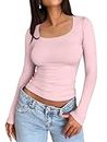 Trendy Queen Long Sleeve Shirts for Women Crop Tops Preppy Clothes Fashion 2024 Crop Tops Thermal Underscrubs Layer Basic Slim Fit Going Out Y2K Winter Clothing Teen Girls Pink