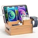 Bamboo Charging Station for Multiple Device, Pezin & Hulin Desktop Phone Docking Station Organizer, Included 6 Charging & Sync Cables, Watch & Earbud Stand (NO USB Charger)