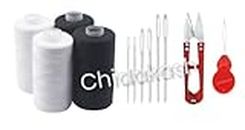 Chidakash® 4 Pcs Threads 800M Strong and Durable Sewing Threads for Clothes Sewing Accessories White Black with 6 Pcs Different Size Steel Sewing Needle and Thread Cutter