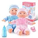 Toy Choi's Twin Baby Dolls – 30cm Pink & Blue Baby Doll Set with Rompers and Hat, Baby Doll with Bottle and Pacifier Accessories for 2 3 4 5 Year Old Boys and Girls