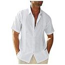 Men's Casual Embroidery Edge Solid Shirt Short Sleeve Turn-Down Collar Shirts Men Shirts Luxury Brand (White, L)
