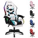 ELFORDSON Gaming Chair with RGB LED Light, 8-Point Massage Computer Office Chair with Lumbar Support Footrest 82cm High Back 150° Recliner, White & Black