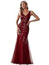Ever-Pretty Women's Formal Dress Sequin Double V-Neck Sleeveless Mermaid Long Evening Dress Burgundy US4