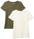 Amazon Essentials T-Shirt con Scollo a v a Maniche Corte con vestibilità Classica Donna, Pacco da 2, Verde Oliva/Avena Puntinato, M