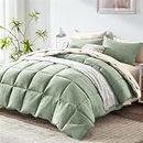 COZYART Full Comforter Set 7 Pcs, Sage Green and Beige Bed in a Bag, All Season Lightweight Soft Reversible Comforter Set, 1 Comforter, 1 Flat Sheet, 1 Fitted Sheet, 2 Pillow Shams, 2 Pillowcases