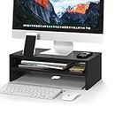 BONTEC Wood Monitor Desk Stand Riser with Smartphone Holder, Cable Management, Ergonomic for Laptop, Computer, Notebook, iMac, PC, 2 Tiers Black (W420 x D235 x H142mm)