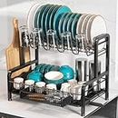Romision Dish Drying Rack and Drainboard Set, 2 Tier Large Stainless Steel Sink Organizer Dish Racks with Cups Holder, Utensil Holder, Dish Strainer Shelf for Kitchen Counter, Black