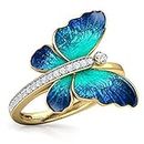 University Trendz Copper Gold Plated Zirconias Studded Blue Enamel Colorful Open Butterfly Ring for Women and Girls