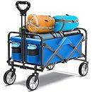 Folding Wagon, Collapsible Wagon Garden Cart Heavy Duty with All-Terrain Wheels, Outdoor Utility Foldable Beach Wagon for Garden Camping Shopping Sports (1 Year Warranty) (Blue)