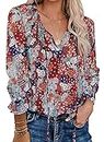 Womens Tops Long Sleeve Shirts Plus Size Boho Blouses Ladies V Neck Fall Floral Printed Work Office Elegant Cute Shirt for Women Blue X-Large
