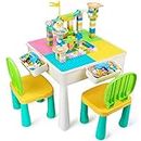 Kids Table and Chairs Set with 100PCS Blocks, Toddler Table All-in-One Multi Activity Playset with Building Blocks Kids Toys for Learning & Playing, Water & Sand Game