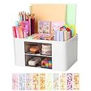 umorismo Desk Organizer Makeup Organizer Desktop Storage Box, Desk Tidy Organiser Desktop Storage Box with Drawers and Pen Holder, Plastic Stationery Supplies Storage Box for School Home Office