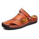Rojeam Mens Casual Leather Sandals Closed Toe Beach Slippers Flat Shoes Summer Sandals for Hiking Trekking, Brown, Size 9
