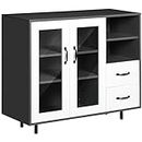 HOMCOM Kitchen Buffet Cabinet, Storage Sideboard with Glass Doors Cupboard, 2 Drawers and 2 Open Shelves, Charcoal Grey