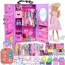 83 Pcs Doll Clothes and and Accessories with Doll Closet Wardrobe for 11.5 Inch Doll Dress Up Set Including Wardrobe Shoes Wallet Dress Hangers Brush Necklace Pet and Other Accessories (No Doll)