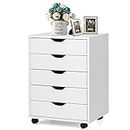 Giantex 5-Drawer Chest of Drawers, Wooden Dresser Chest, Mobile Lateral Filing Cabinet with Wheels, Uder Desk Drawer Tallboy Cabinet for Home Office Living Room (White)