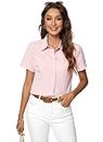 JMSHIHUA Womens Short Sleeve Button Down Shirts Official Collar Blouse Basic Simple Dress Shirt, Pink, Small