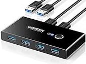 UGREEN USB 3.0 Switch Selector 4 Port 2 Computers Peripheral Switcher Adapter Hub for PC Printer Scanner Mouse Keyboard with One Button Switch and 2 Pack USB Male Cable