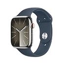 Apple Watch Series 9 (45 mm GPS + Cellular) Smartwatch avec boîtier en Acier Inoxydable Argent et Bracelet Sport Bleu Orage (M/L). Suivi de l’activité Physique, apps Oxygène sanguin et ECG