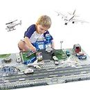WASAiKA Airport Playset, Airplane Toys for Toddlers with Kids Activity Play Mat, 2 Plane Helicopter, Signs, Luggage Cars, Fire Trucks Interactive Early Learning Toys for Boys and Girls Age 2 3 4 5+