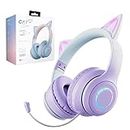 Daemon Headphones, Bluetooth Wireless Headphones for Kids Teens Adults, Over-Ear Bluetooth Headphones with Microphone, Cat Ear Headphones for Girls Women (Purple with Mic)
