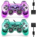 Wired Controller for PS2 Double Shock, 2 Pack Gamepad Remote Compatible with Play Station 2 (Clear Purple and Clear Grean)