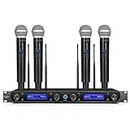 MicrocKing Wireless Microphone System, with 4 Handheld Mics, Metal Build, Fixed Frequency, Long Range 400FT, Ideal for Party Wedding Church Conference Speech