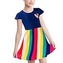 V.&GRIN Girls Dresses Floral Soft Twirly Short Sleeve Party Dress for Toddler Kids 3-8 Years, Navy Rainbow, 5T