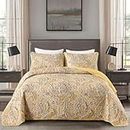 DJY Yellow Paisley Quilt Set Queen Size Boho Quilt Bedspread Set 3 Pieces, Soft Lightweight Paisley Floral Pattern Coverlet Bedding Set for All Season, 96''x90''
