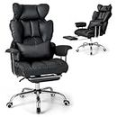 COSTWAY PU Leather Office Chair, Ergonomic Swivel Computer Desk Chair with Retractable Footrest and Removable Lumbar Pillow, Heavy Duty High Back Recliner Task Executive Chair for Home Office (Black)