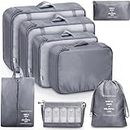 FLYNGO 8 Pcs Travel Organizer Pouch Packing Cubes for Clothes Space Savers Bags Cosmetics/Underwear/Socks/Shoes Toiletry Bag Laundry Organiser (Grey)